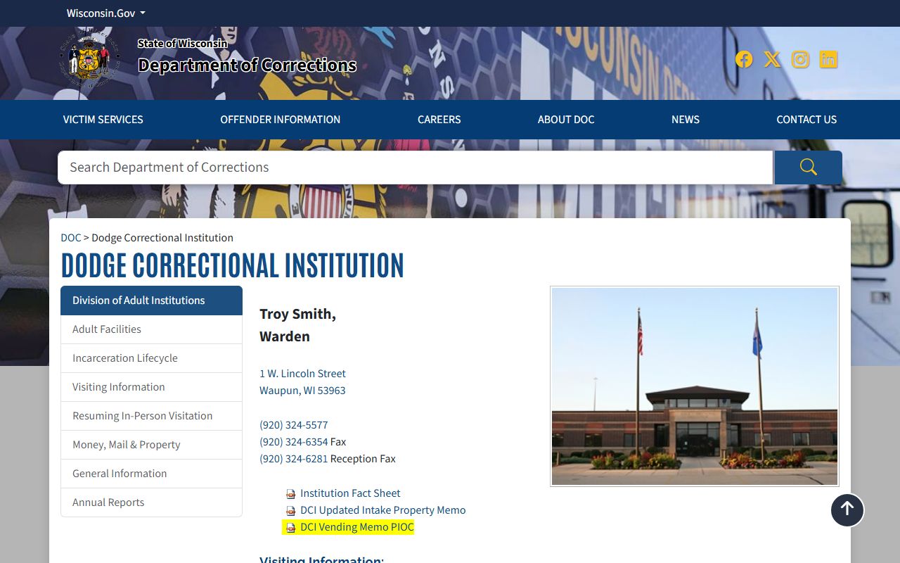 Wisconsin DOC page for Dodge Correctional Institution in Waupun