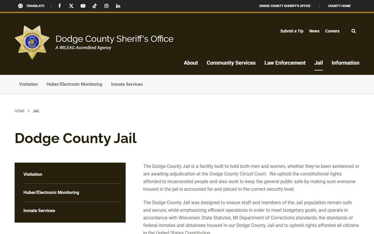 Dodge County Jail overview and inmate custody information