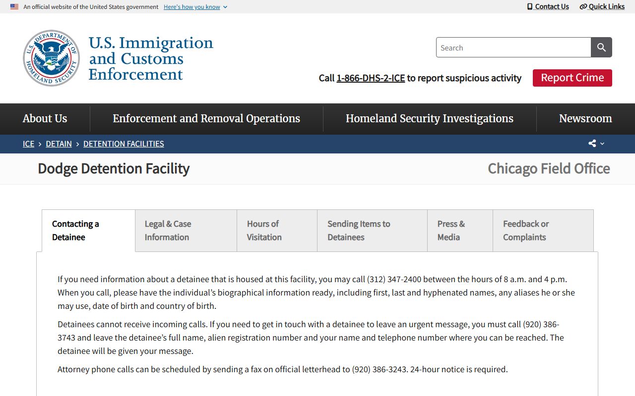 Dodge Detention Facility ICE detainee lookup and facility page