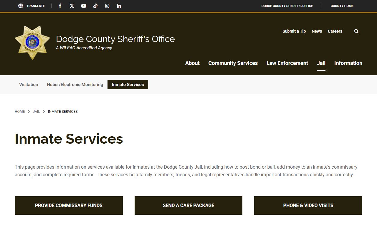 Dodge County Jail inmate services for mail money phone and custody rules