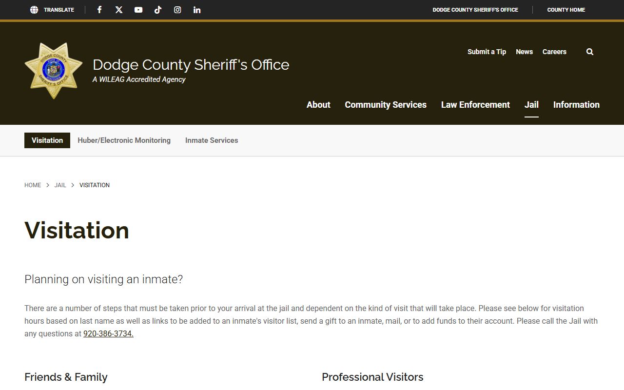 Dodge County Jail visitation schedule for inmate visits