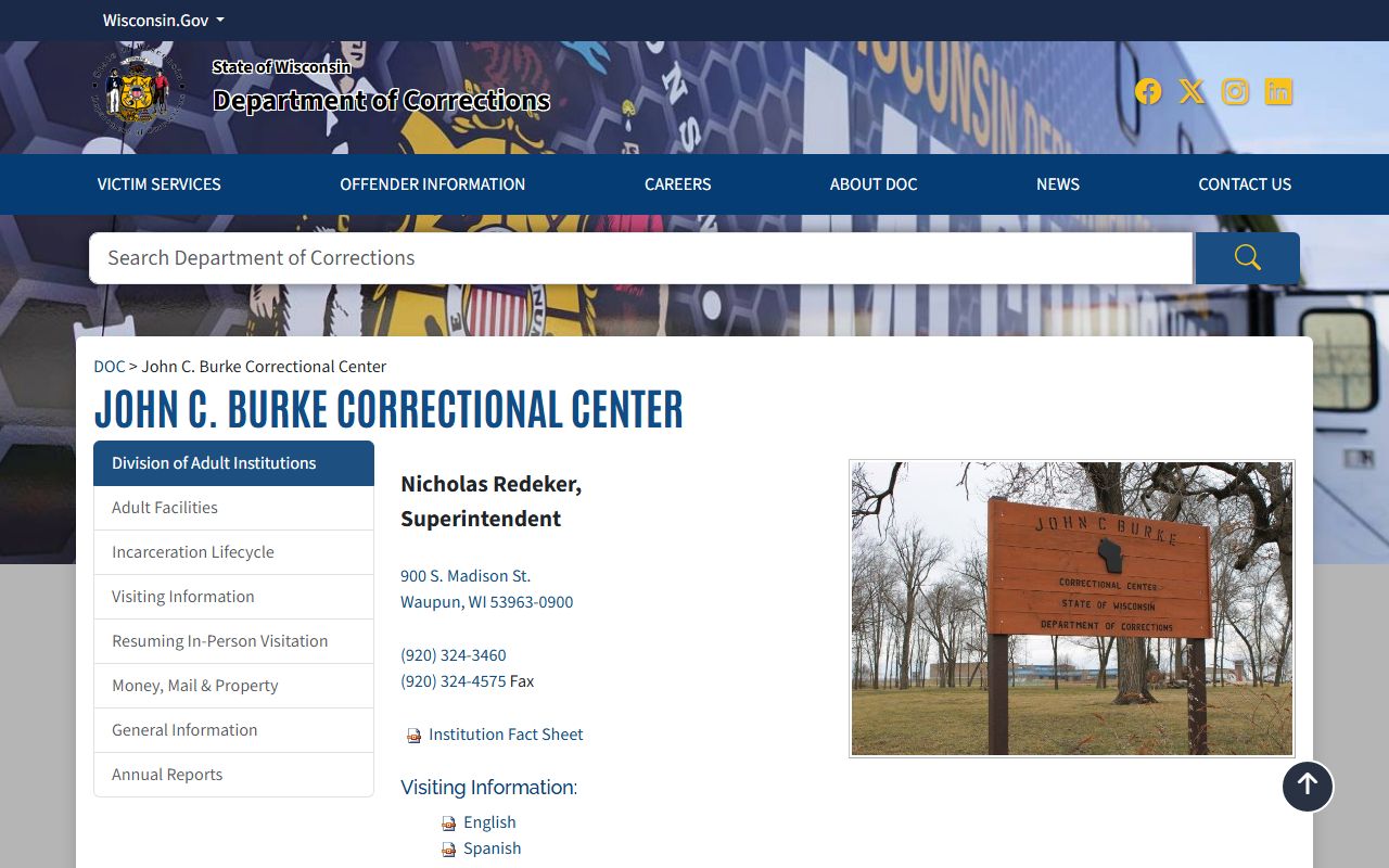Dodge County John C. Burke Correctional Center inmate search DOC page