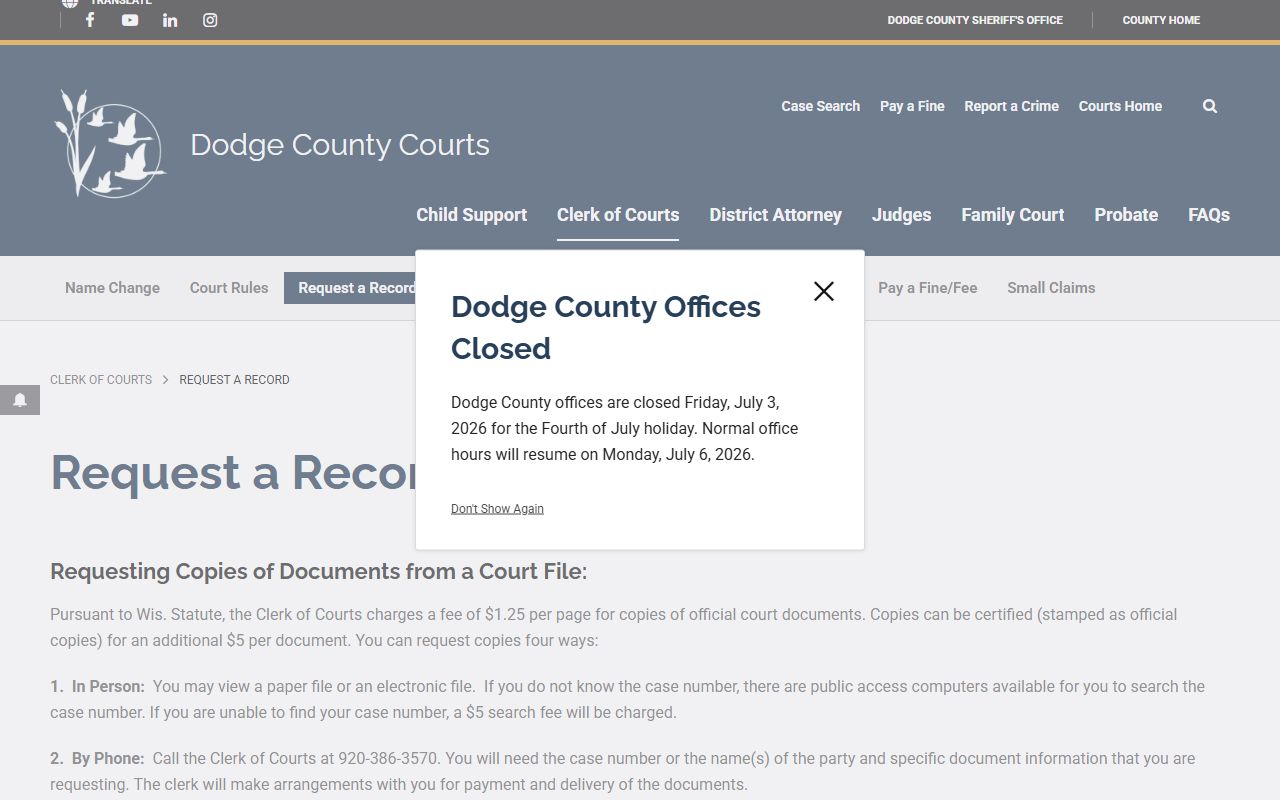 Dodge County court records Clerk copy request page