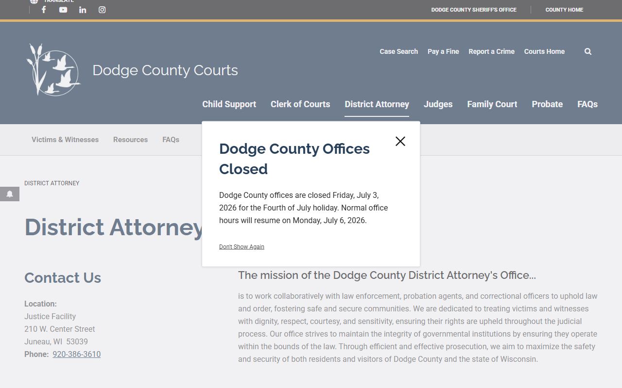Dodge County court records after arrest District Attorney page