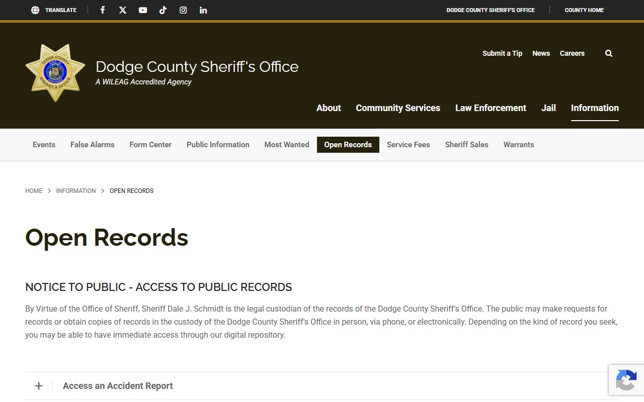 Dodge County jail mugshots sheriff open records photo request