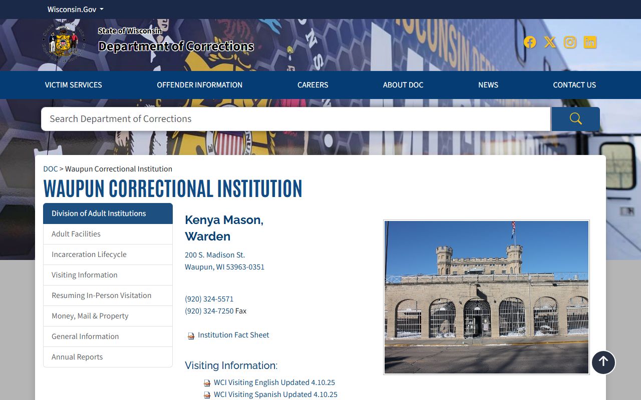 Wisconsin DOC page for Waupun Correctional Institution in Dodge County